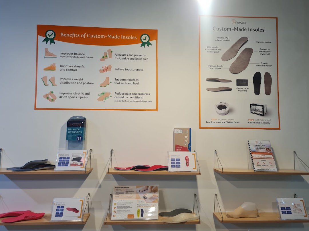 Interior view of FeetCare, showcasing custom insoles, orthotics, and informational displays.