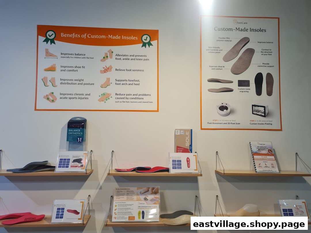 Interior view of FeetCare, showcasing custom insoles, orthotics, and informational displays.