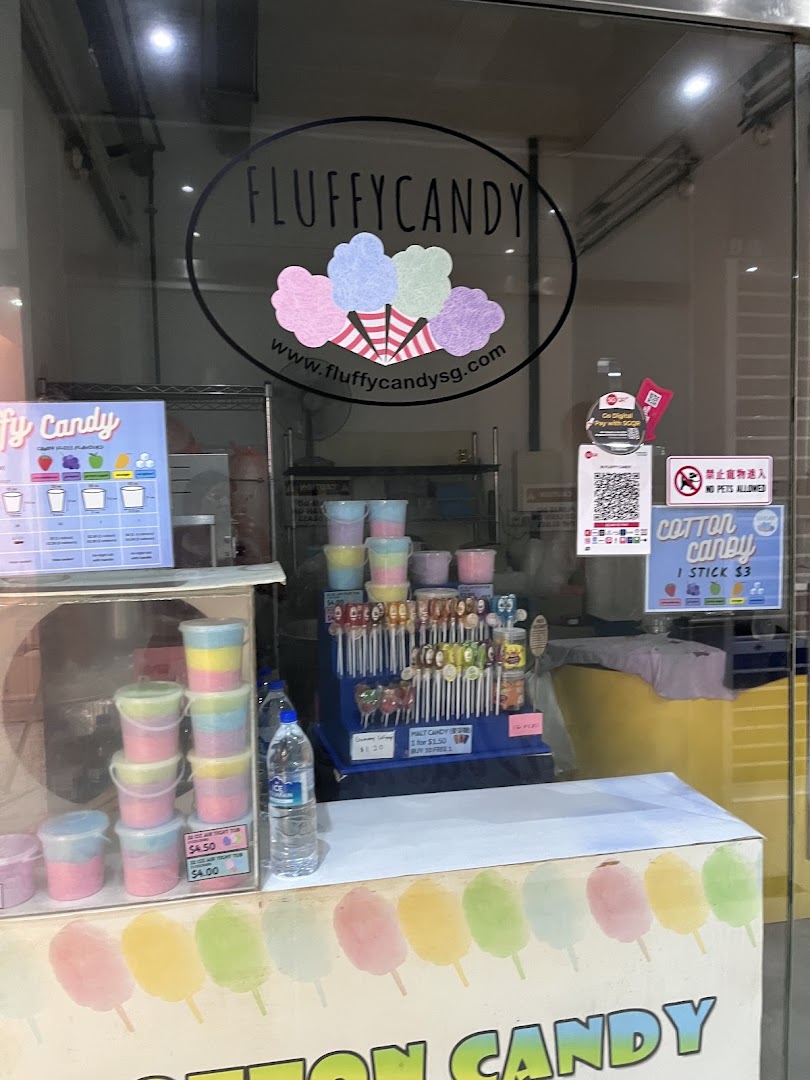 The vibrant storefront of Fluffy Candy, showcasing colorful cotton candy, lollipops, and sweet treats.