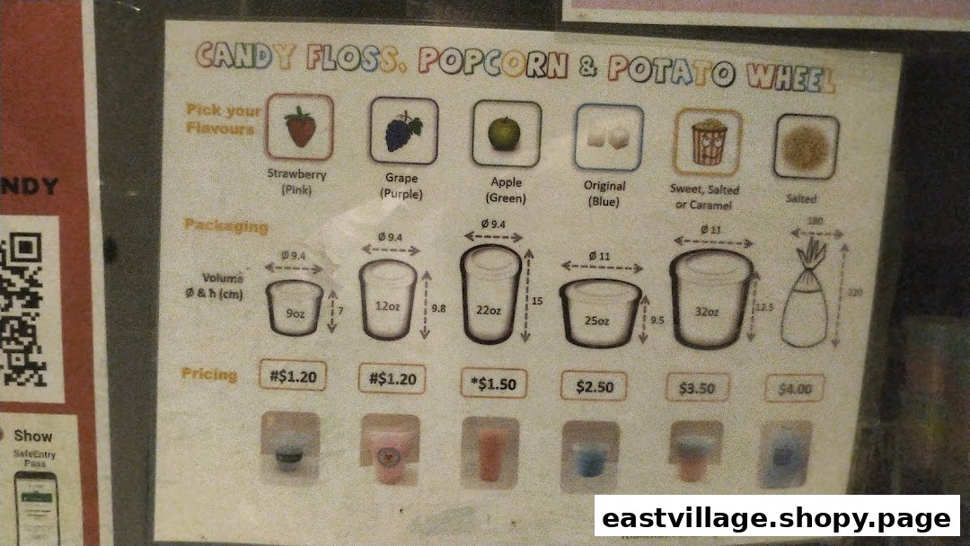 A menu board displaying prices and options for candy floss, popcorn, and potato wheel snacks.
