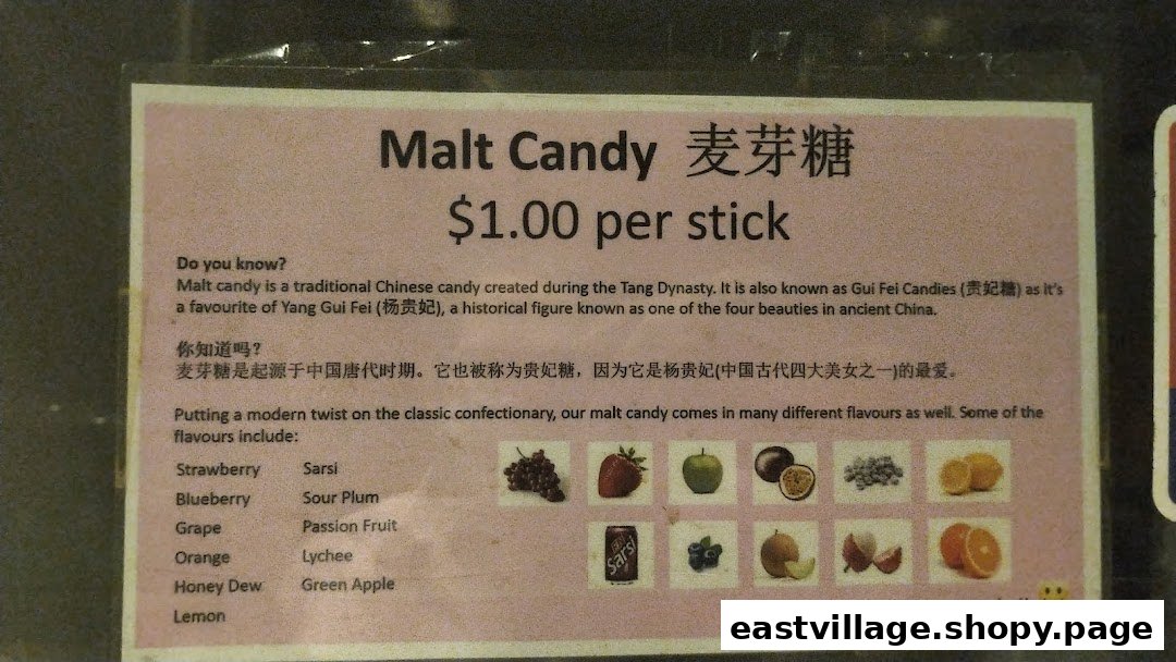 A sign displaying information about Malt Candy, its price, history, and available flavors.