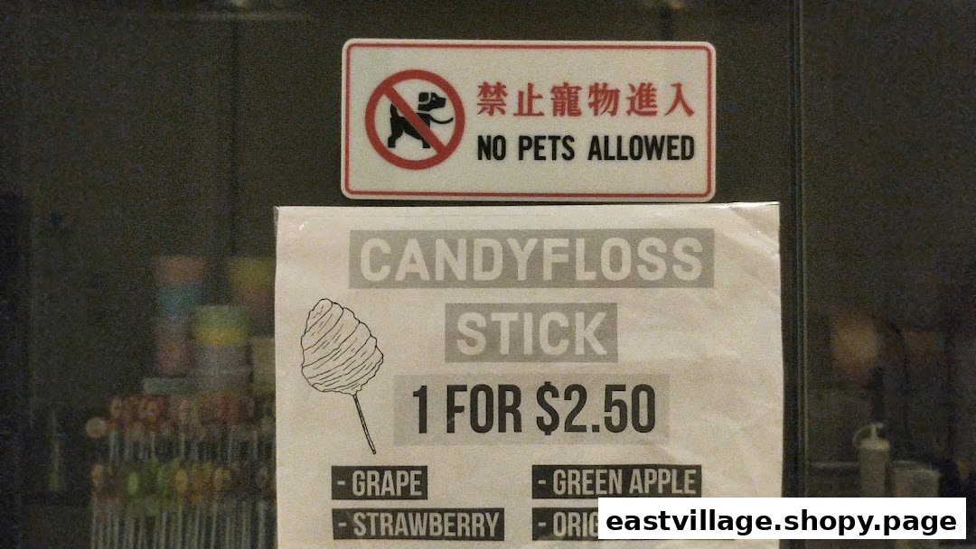 A sign displaying candyfloss stick flavors and pricing at Fluffy Candy.