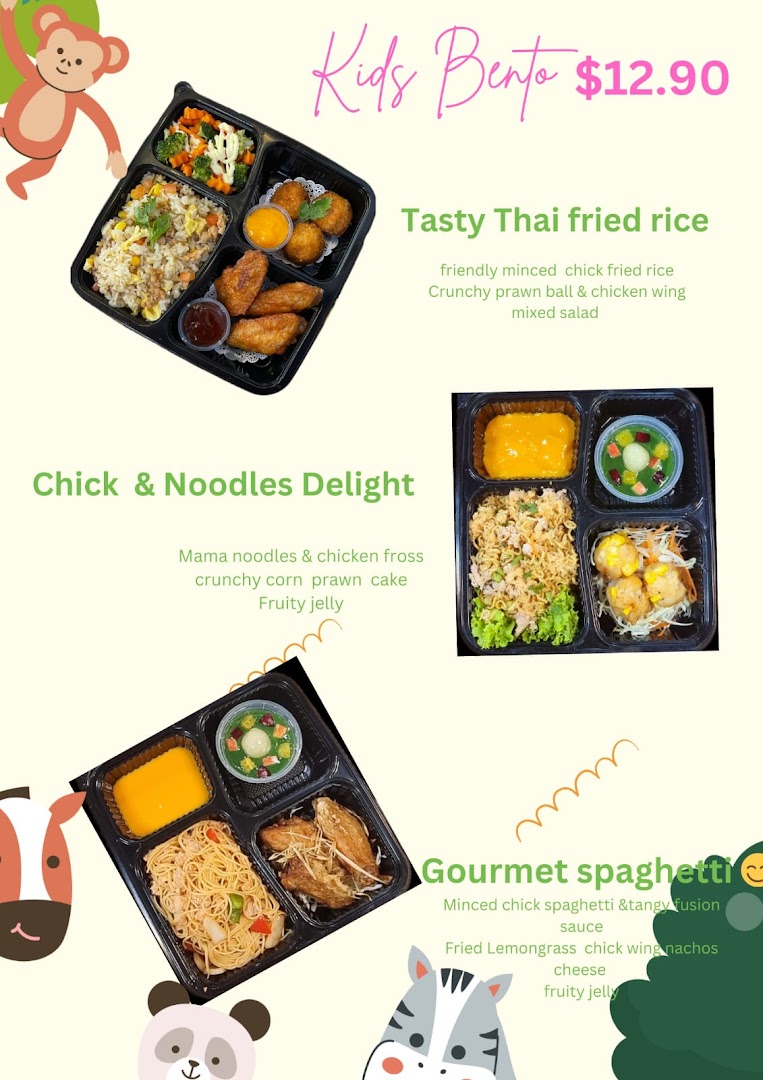 Three delightful Kids Bento meal sets from GreaThai, showcasing various kid-friendly Thai dishes.