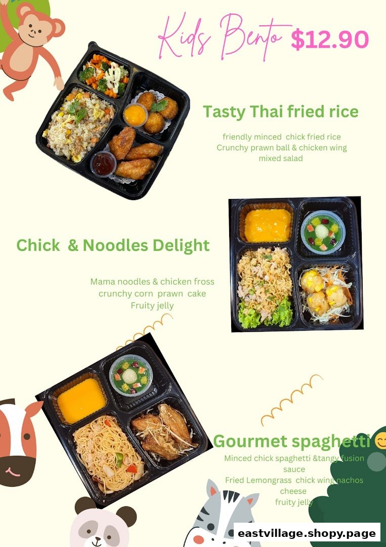 Three delightful Kids Bento meal sets from GreaThai, showcasing various kid-friendly Thai dishes.