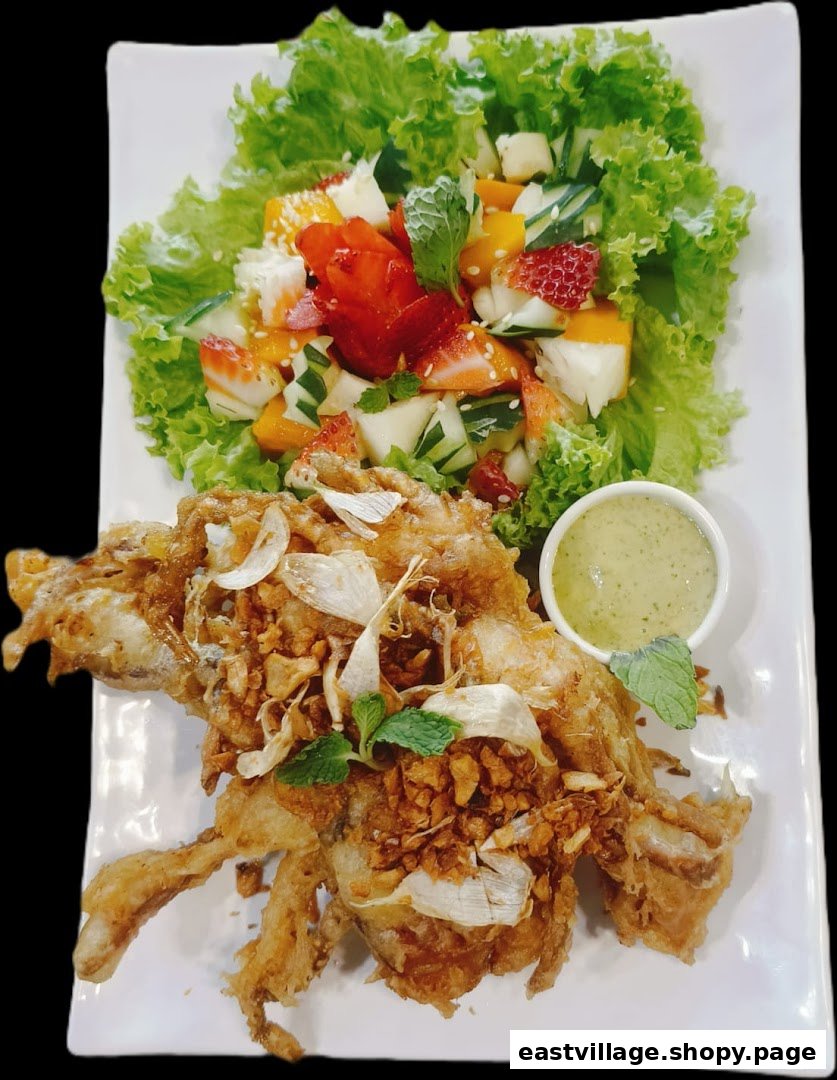 A plate of crispy fried soft-shell crab with garlic, served alongside a vibrant fruit salad and dipping sauce.