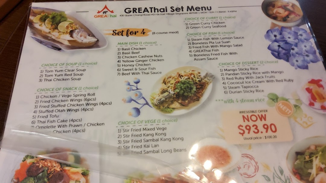 A detailed view of GreaThai's Set Menu for 4, featuring various Thai dishes and an irresistible offer.