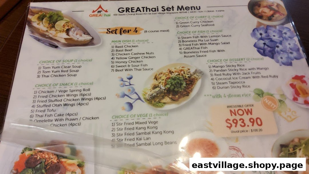A detailed view of GreaThai's Set Menu for 4, featuring various Thai dishes and an irresistible offer.