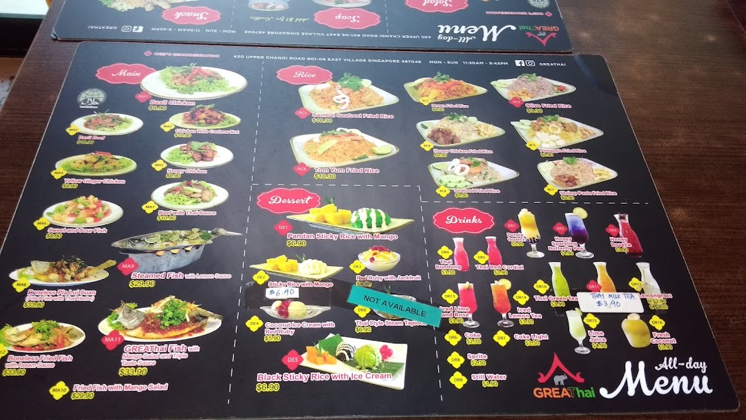 A detailed menu from GreaThai, showcasing a variety of Thai dishes, desserts, and drinks with prices.
