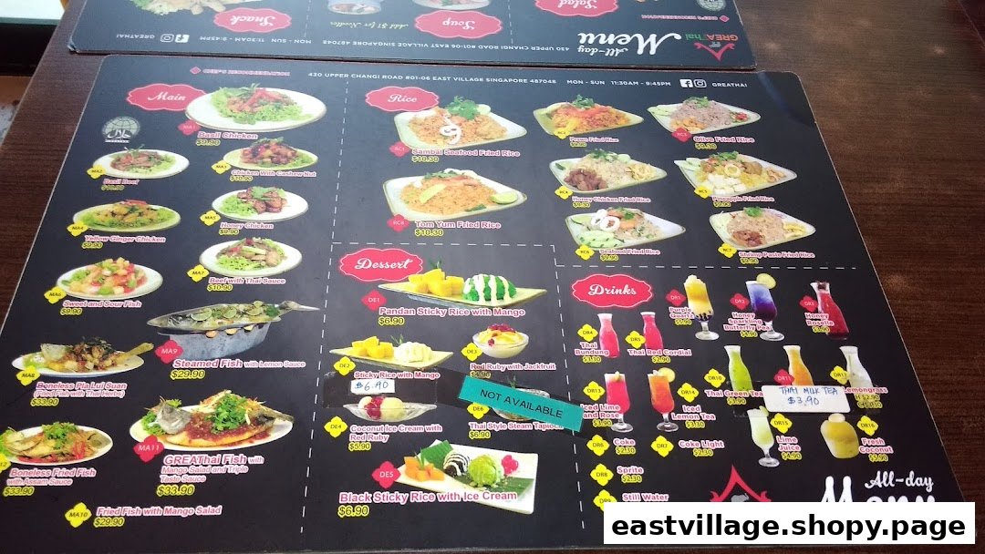 A detailed menu from GreaThai, showcasing a variety of Thai dishes, desserts, and drinks with prices.