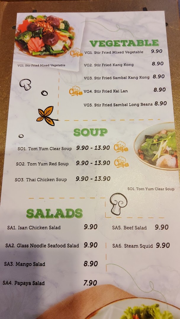 A detailed menu from GreaThai featuring vegetable dishes, soups, and salads with prices.