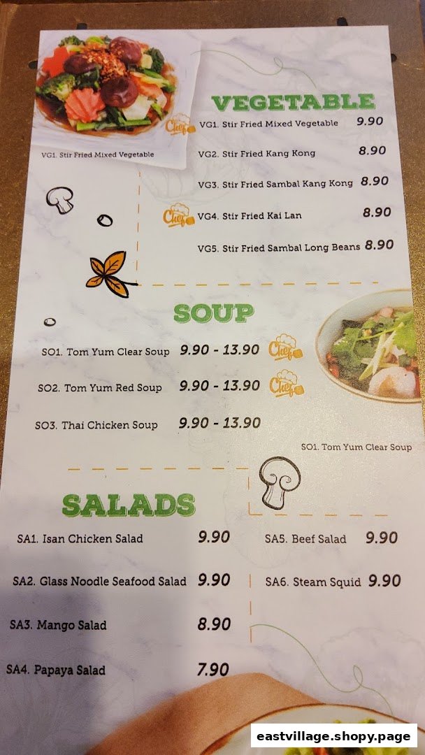A detailed menu from GreaThai featuring vegetable dishes, soups, and salads with prices.