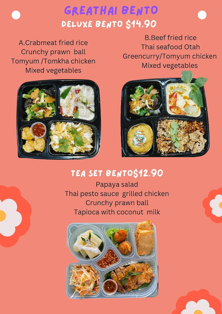 A vibrant menu displaying GreaThai's bento box options with prices and components.