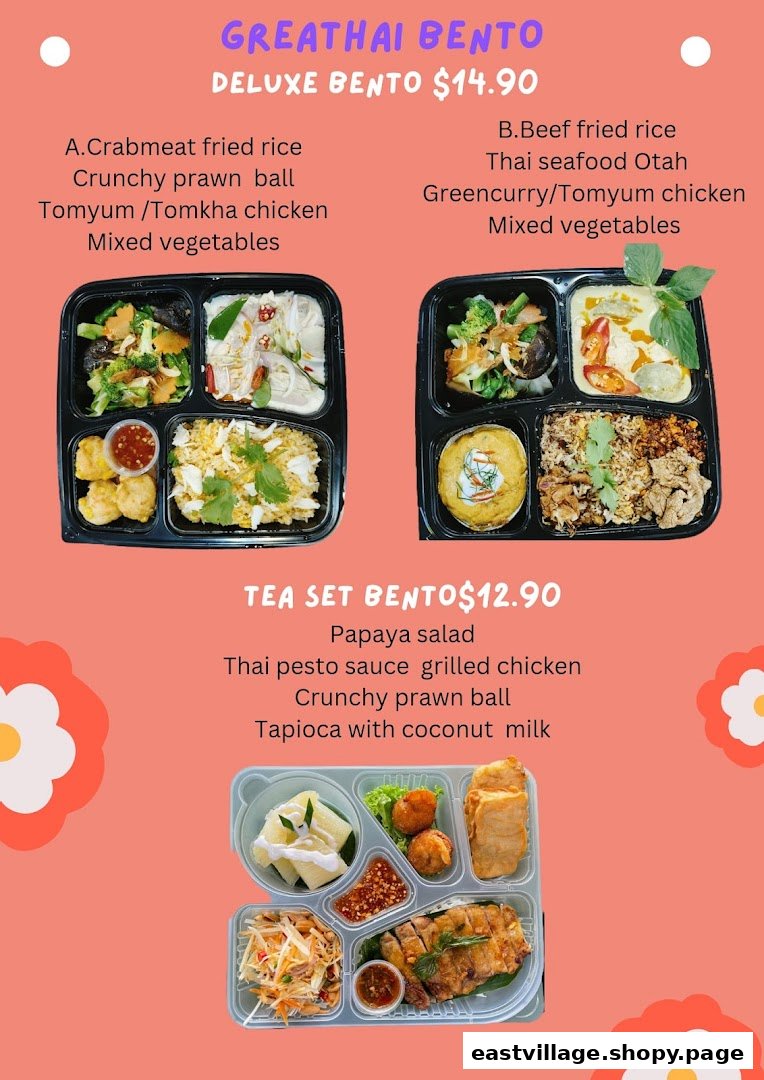A vibrant menu displaying GreaThai's bento box options with prices and components.