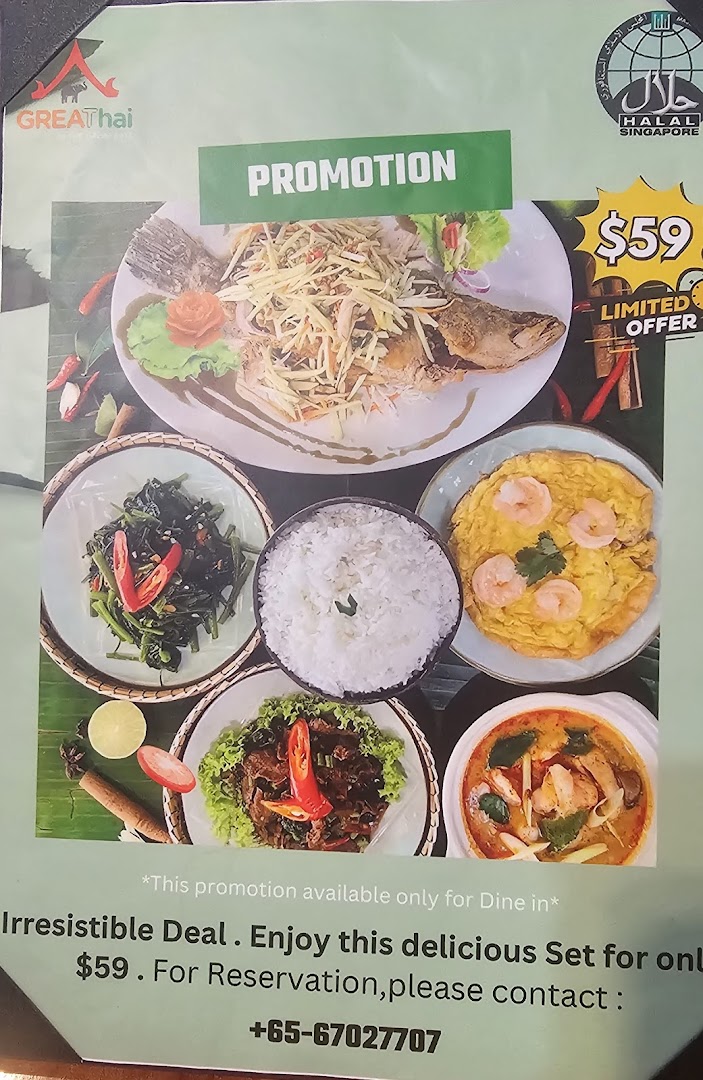A promotional menu displaying a multi-dish Thai set meal for $59 at GreaThai.