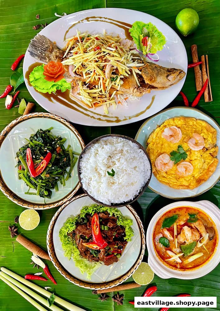 A vibrant spread of authentic Thai dishes, featuring fish, rice, and various flavorful curries.