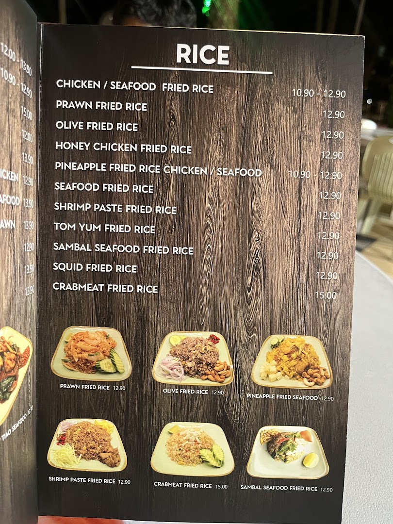 A menu page from GreaThai showcasing a variety of fried rice dishes with prices and accompanying images.