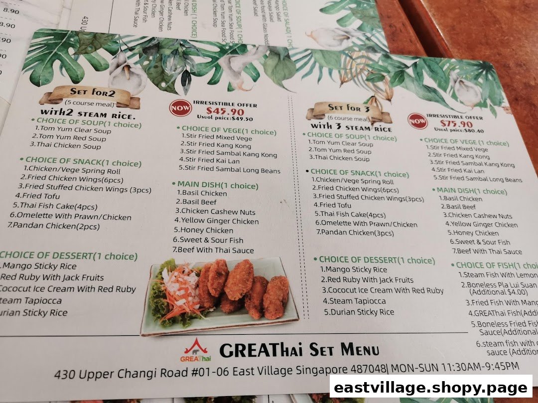 A detailed menu from GreaThai showcasing their 'Set for 2' and 'Set for 3' meal options with various choices.