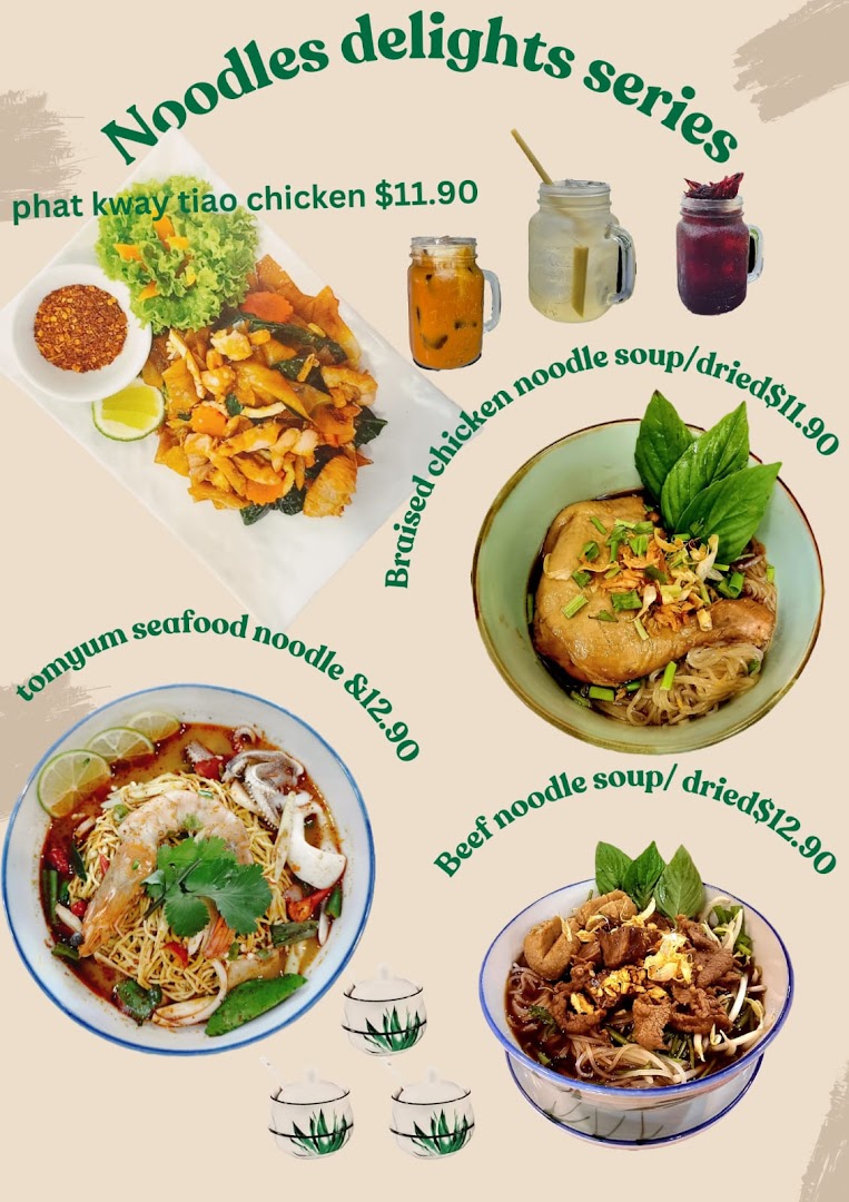A vibrant menu showcasing GreaThai's delicious noodle dishes and refreshing beverages.