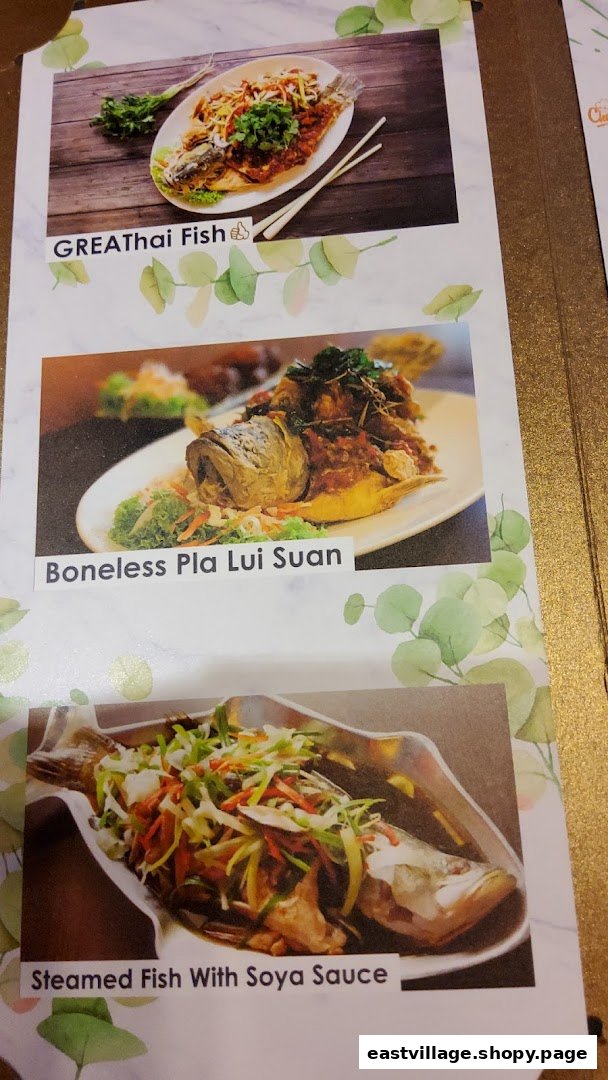 A menu page showcasing three distinct Thai fish dishes with their names.