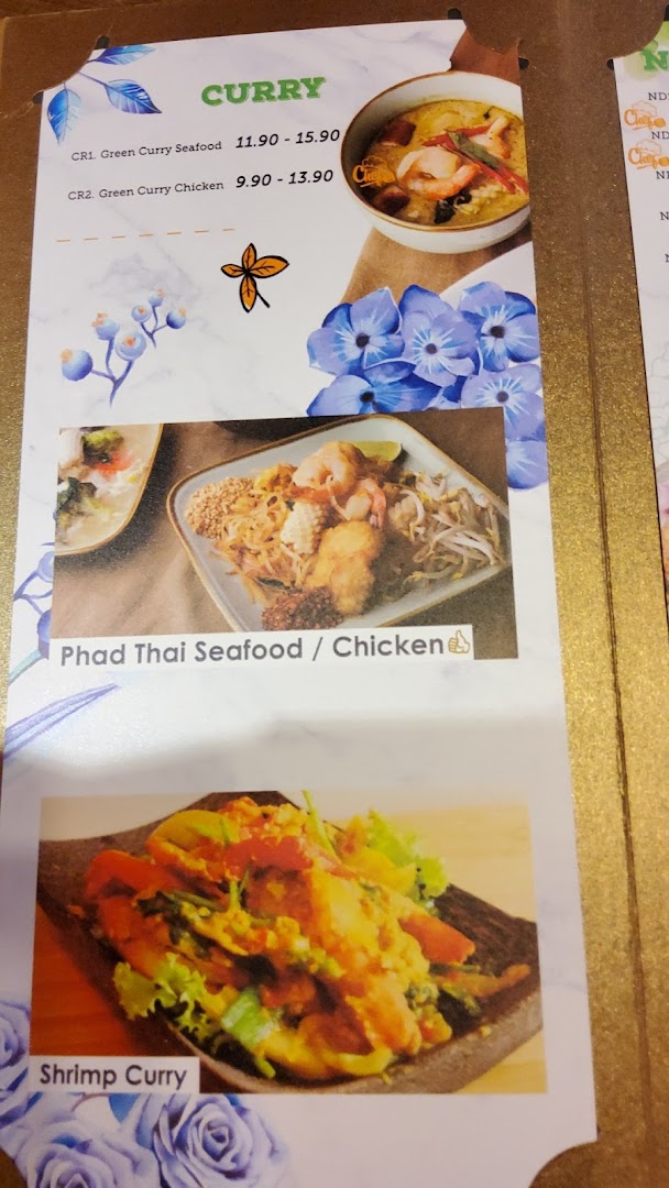 A menu page from GreaThai showcasing Thai curry, Phad Thai, and shrimp curry dishes.