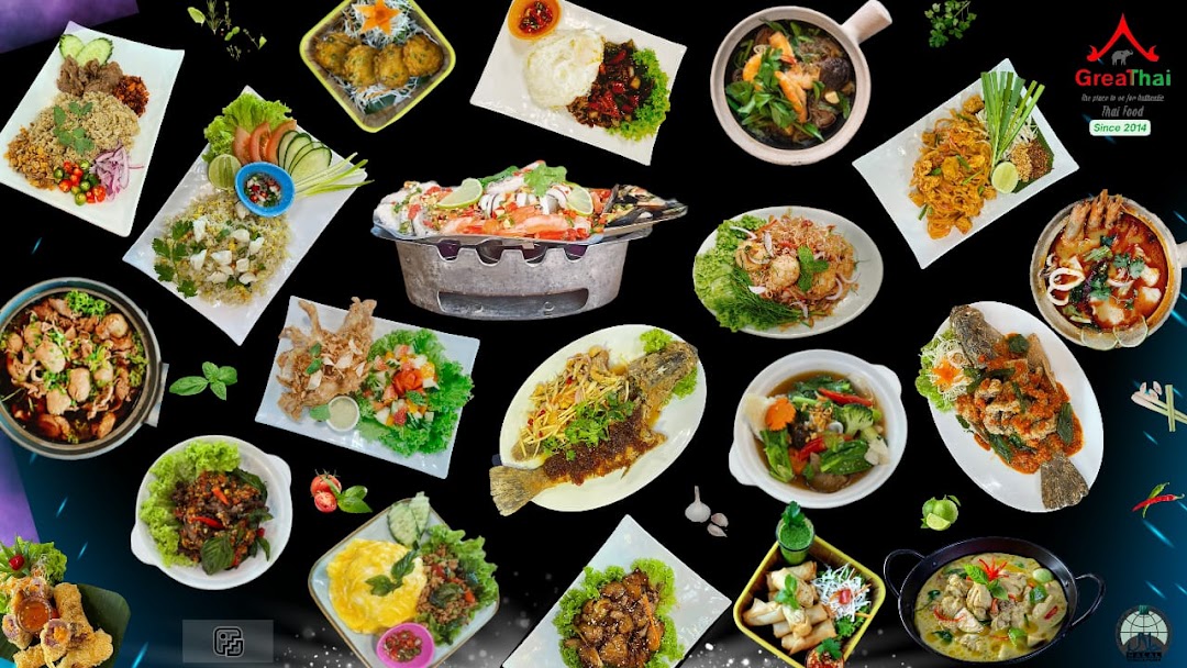 A vibrant collage showcasing a wide variety of authentic Thai dishes from GreaThai.