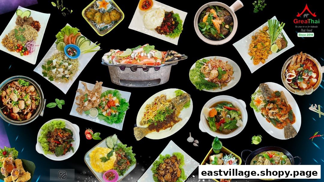 A vibrant collage showcasing a wide variety of authentic Thai dishes from GreaThai.