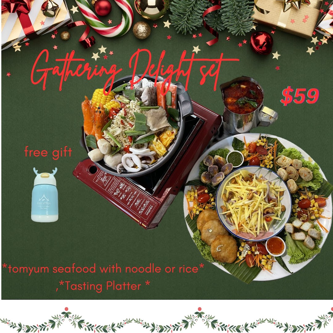 A festive image showcasing GreaThai's 'Gathering Delight Set' featuring a hotpot, a tasting platter, and a free gift.