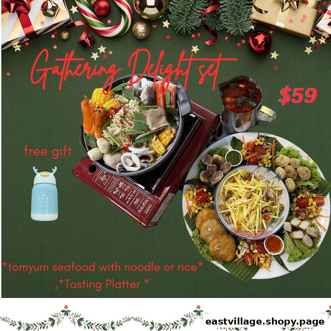 A festive image showcasing GreaThai's 'Gathering Delight Set' featuring a hotpot, a tasting platter, and a free gift.