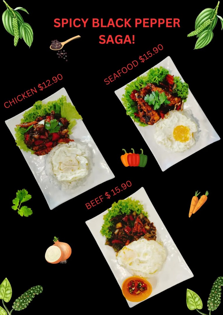Three spicy black pepper dishes (chicken, seafood, beef) with rice and egg are displayed.
