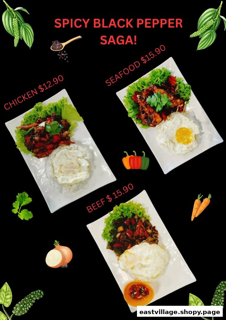 Three spicy black pepper dishes (chicken, seafood, beef) with rice and egg are displayed.