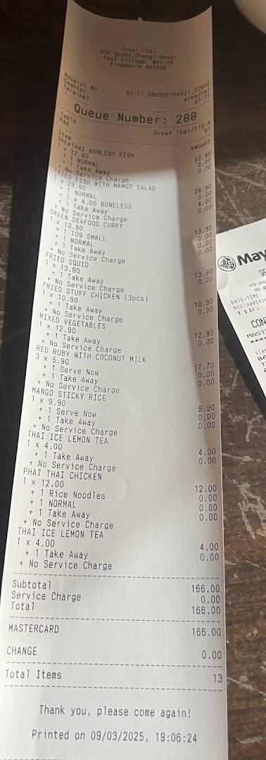 A detailed receipt from GreaThai, listing various Thai dishes and their prices.