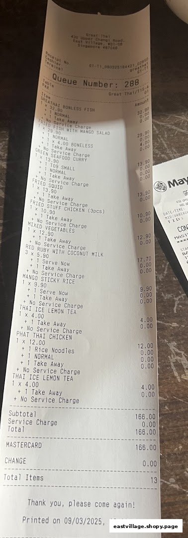 A detailed receipt from GreaThai, listing various Thai dishes and their prices.