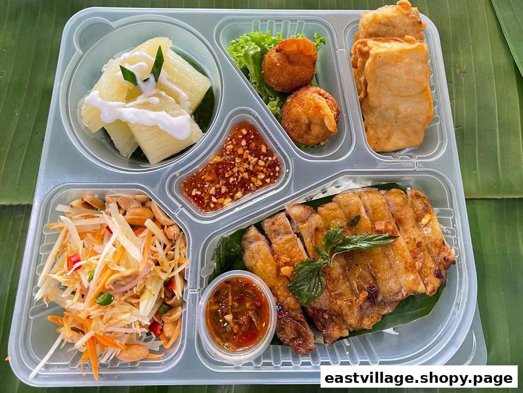 A vibrant GreaThai bento box featuring grilled chicken, papaya salad, and dessert.