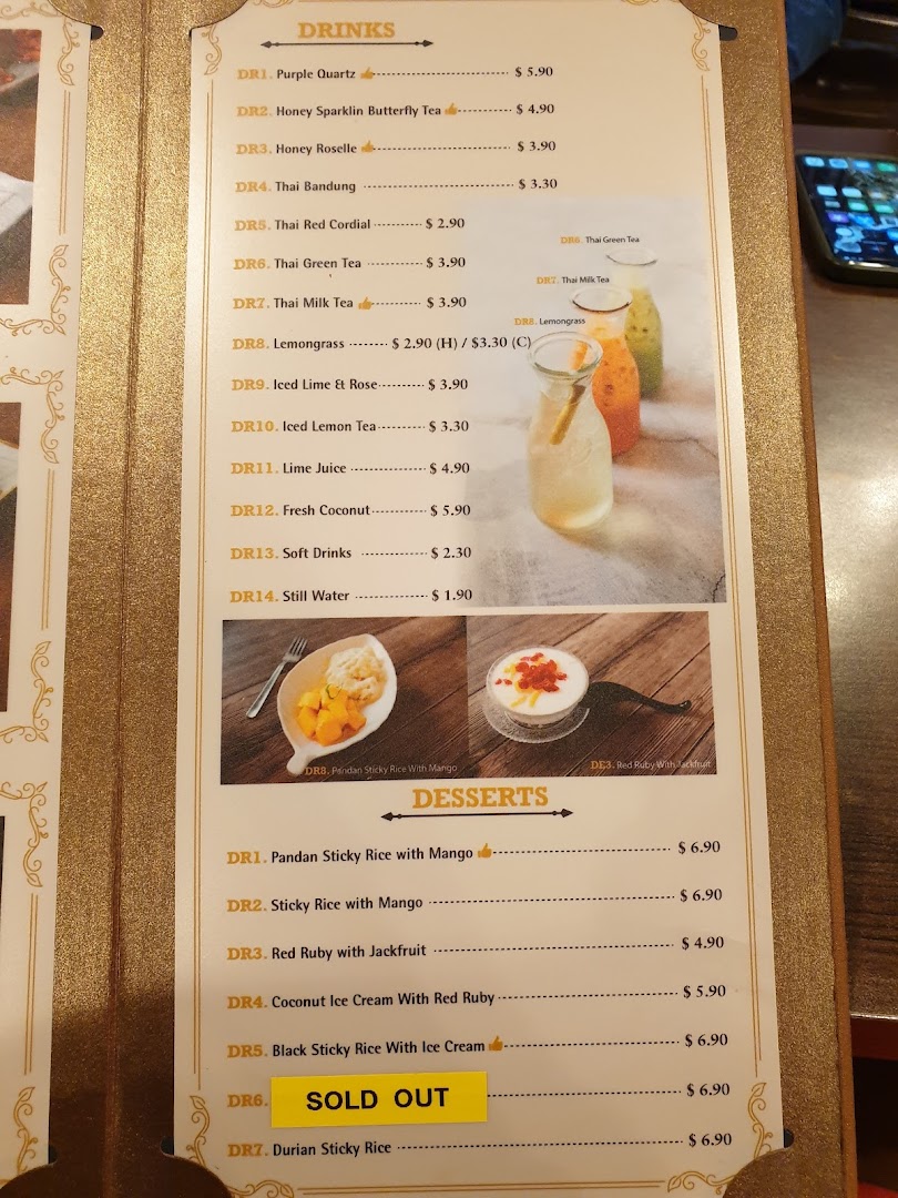 A detailed menu page from GreaThai, featuring drinks and desserts with prices and images.
