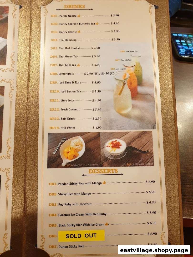 A detailed menu page from GreaThai, featuring drinks and desserts with prices and images.