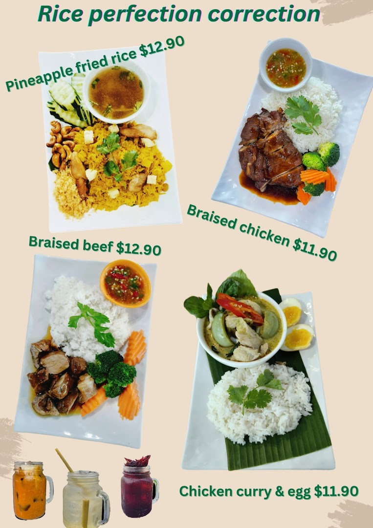 A vibrant menu displaying various Thai dishes like pineapple fried rice, braised chicken, braised beef, and chicken curry with prices.