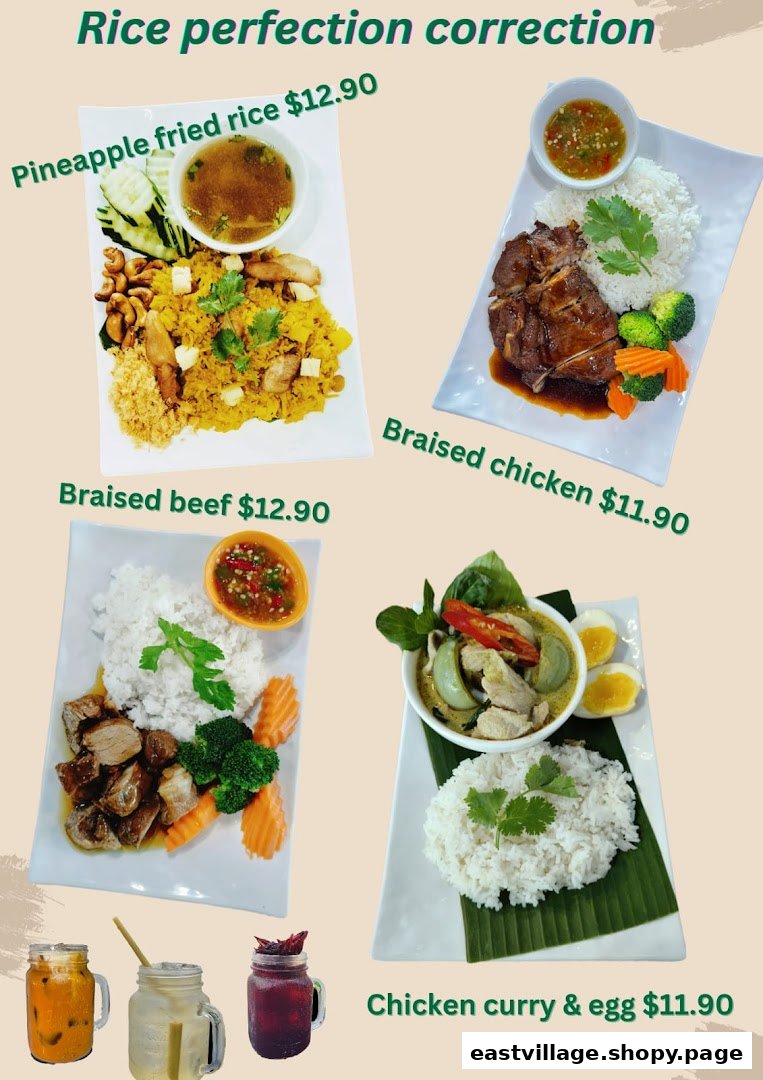 A vibrant menu displaying various Thai dishes like pineapple fried rice, braised chicken, braised beef, and chicken curry with prices.