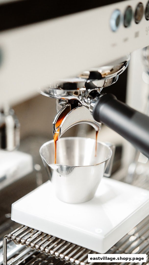 Close-up of an espresso machine brewing fresh coffee into a metal cup at Ground Floor Coffee.