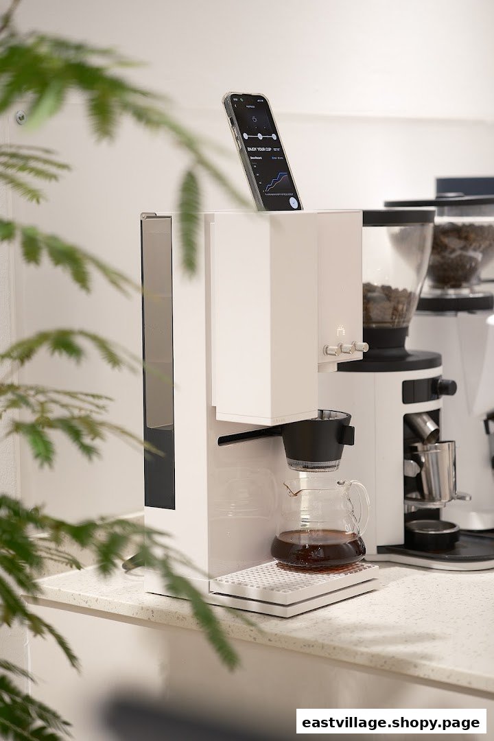 A modern coffee machine brewing coffee, with a smartphone displaying brewing metrics.