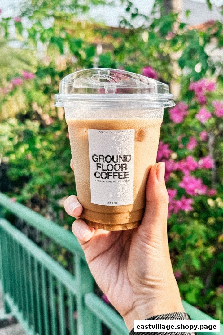 A hand holds an iced coffee cup from Ground Floor Coffee against a vibrant green and pink floral background.