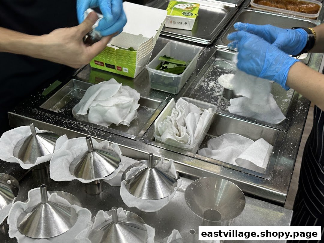 Hands preparing putu piring with traditional tools and ingredients in a clean kitchen.