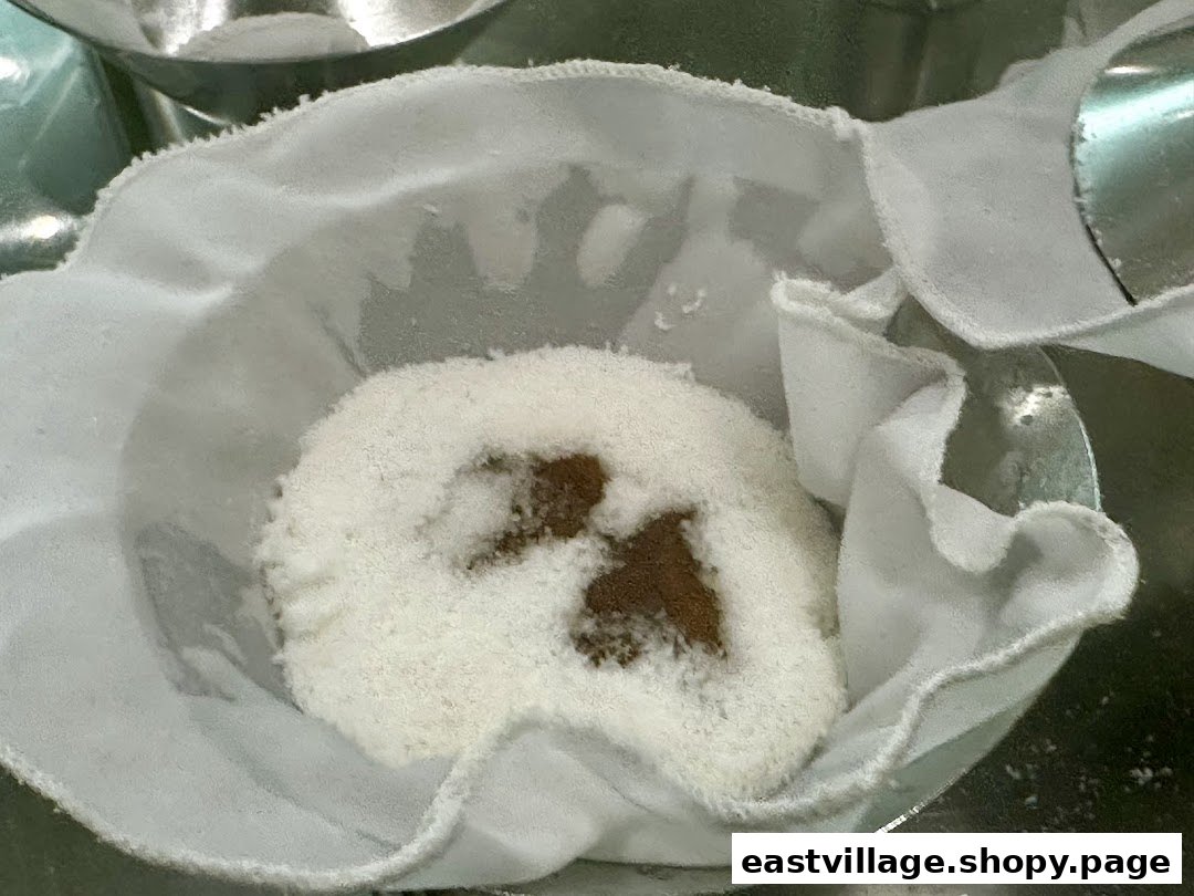 Close-up of putu piring ingredients, showing rice flour and gula melaka in a cloth mold.