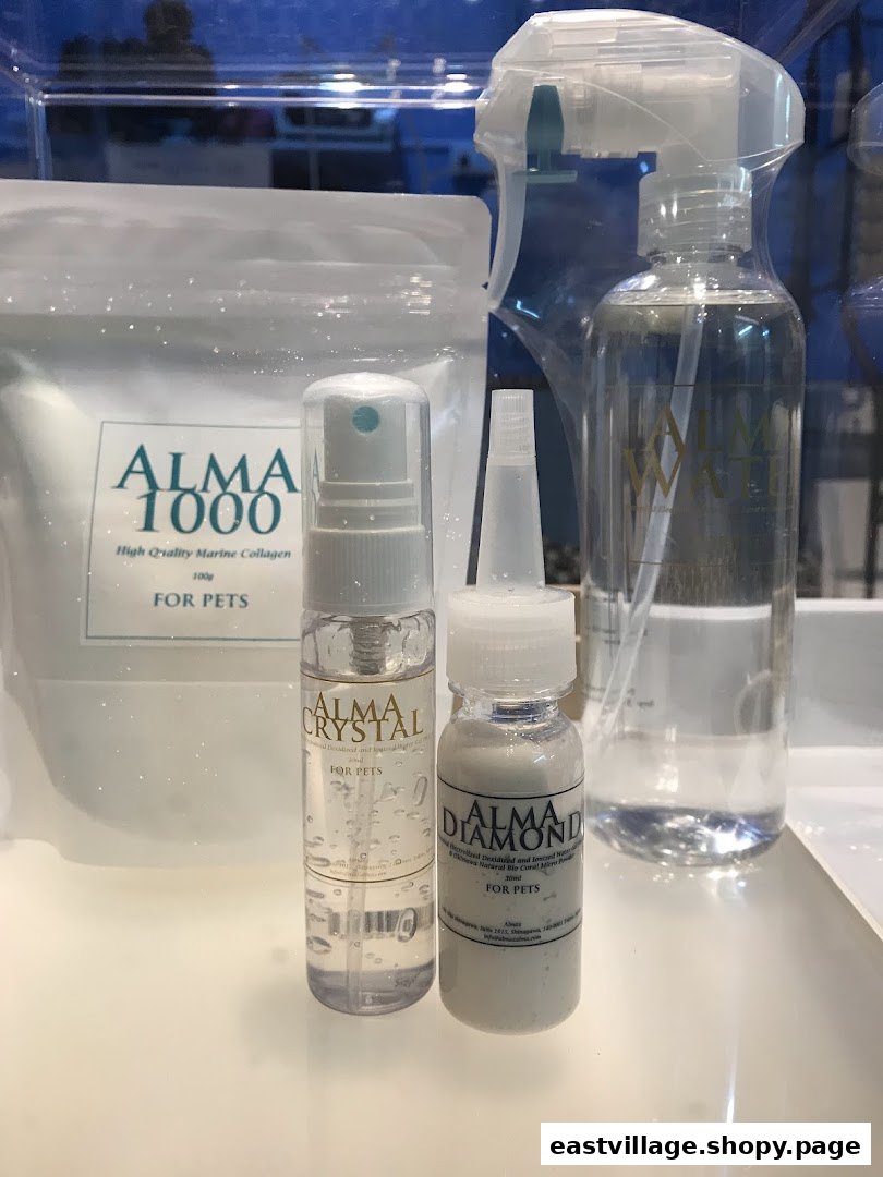 Close-up of Hans Qitty Cut's pet care products, including marine collagen and sprays.