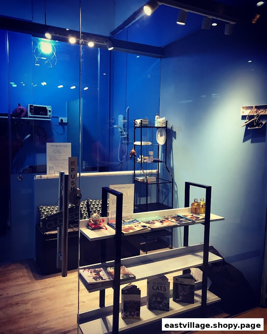 View into Hans Qitty Cut, a pet grooming shop with cat-themed decor and grooming equipment.