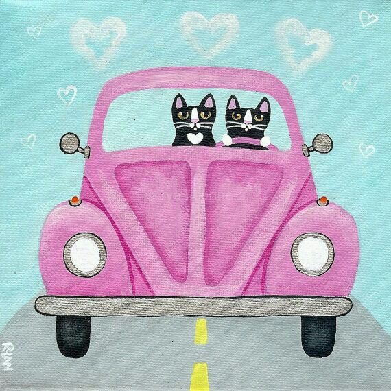 A charming illustration of two black and white cats driving a pink car with hearts in the sky.