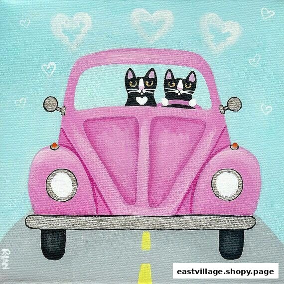 A charming illustration of two black and white cats driving a pink car with hearts in the sky.