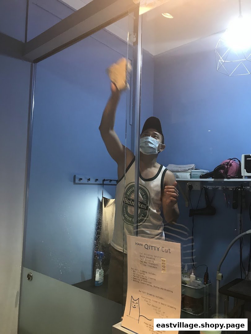 A price list for cat grooming services at Hans Qitty Cut, with a staff member cleaning.