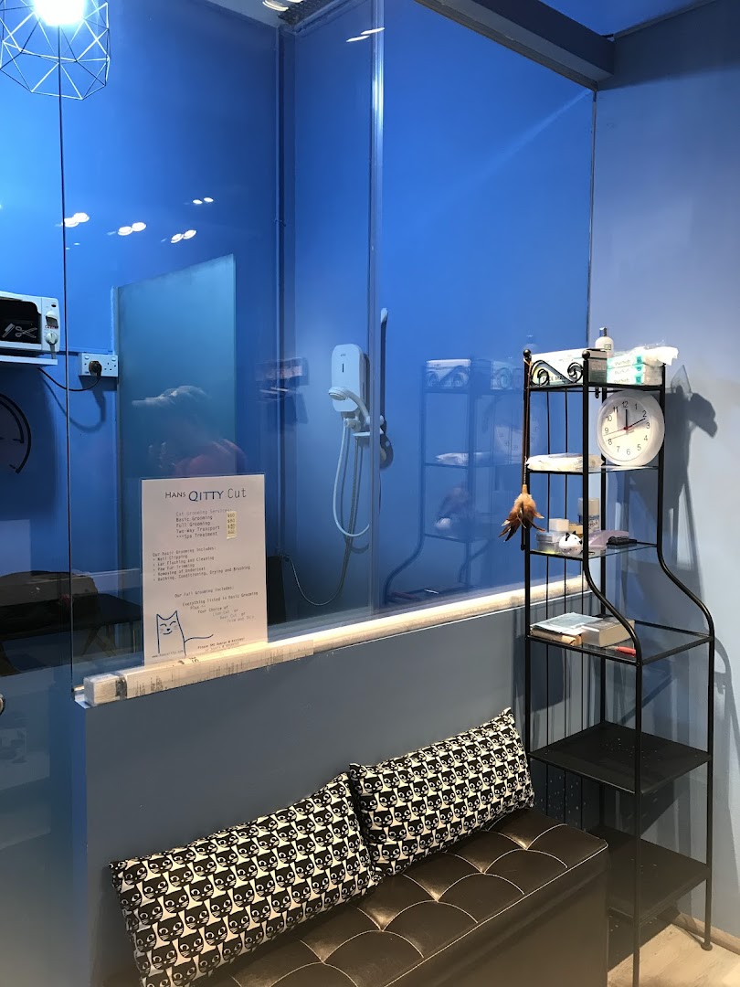 A price list for cat grooming services at Hans Qitty Cut, displayed in a blue-themed interior with a waiting area.