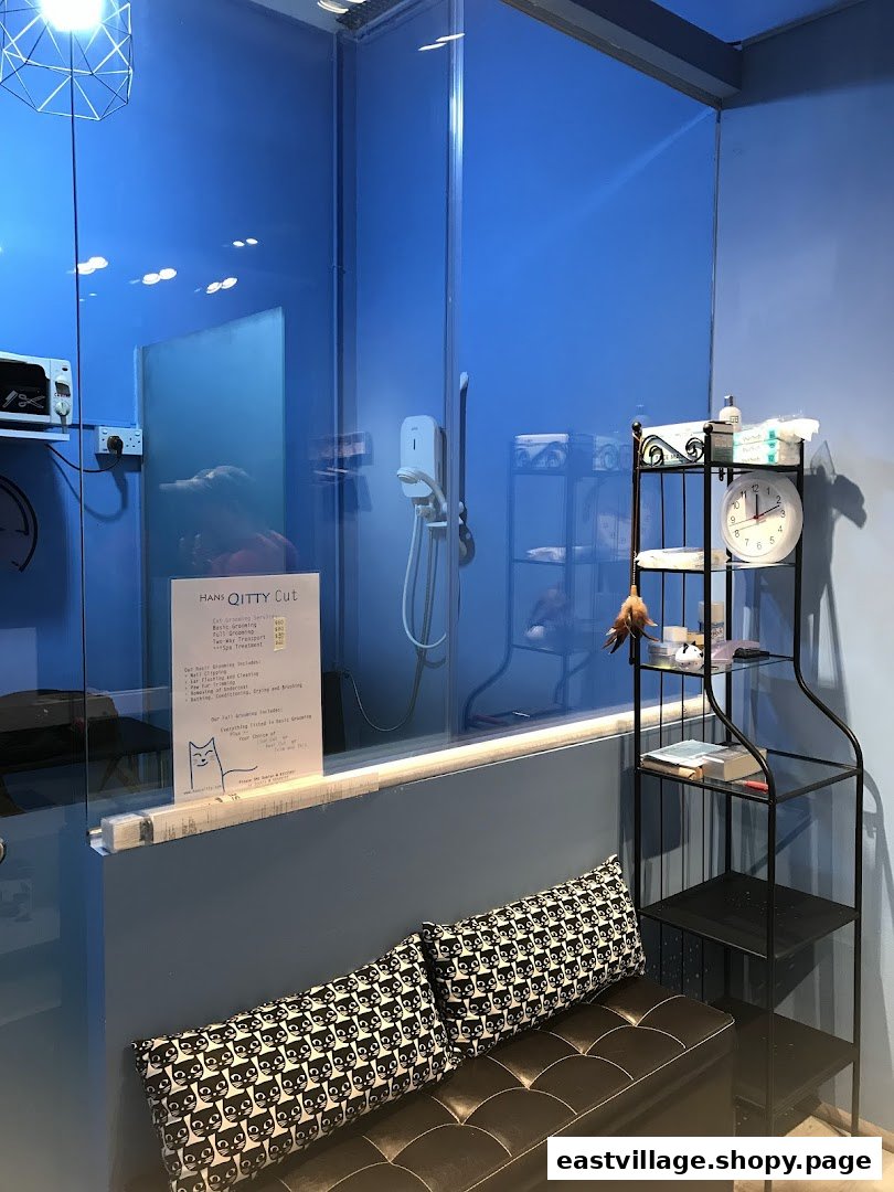 A price list for cat grooming services at Hans Qitty Cut, displayed in a blue-themed interior with a waiting area.