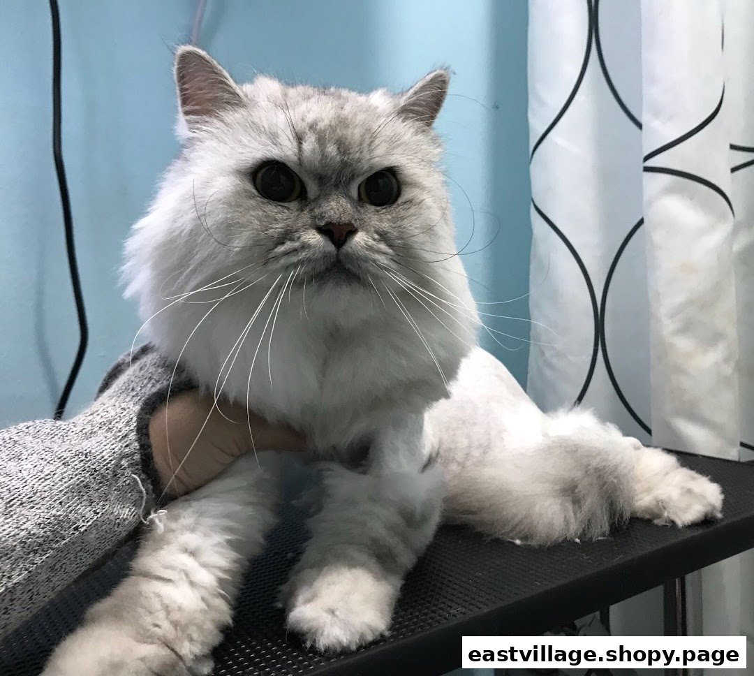 A fluffy white cat with large eyes being groomed or held in a pet salon.